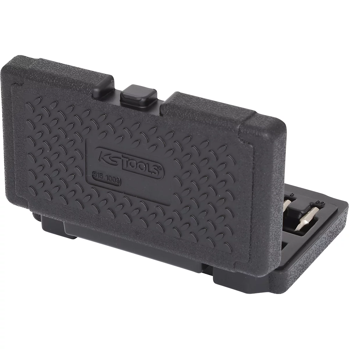 Schwarzer Werkzeugkoffer mit KS TOOLS Logo, geöffnet. Einige Werkzeuge sind sichtbar.